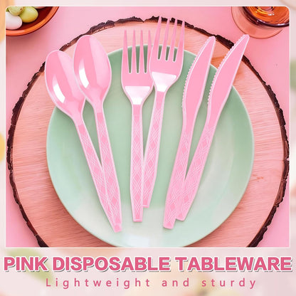 360-Pack Plastic Pink Silverware Set, Disposable Cutlery
