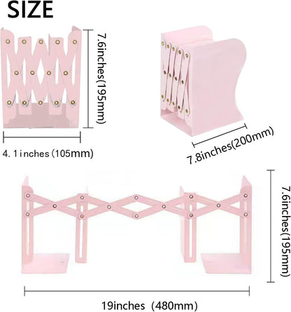 Adjustable Metal Bookends Heavy Duty for Shelves, 2 Dividers, Anti-Slip Design Expandable Book Ends for Desk, Office(Morandi Pink, 19 inches Max)