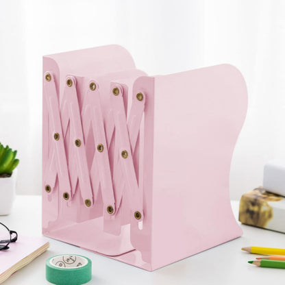 Adjustable Metal Bookends Heavy Duty for Shelves, 2 Dividers, Anti-Slip Design Expandable Book Ends for Desk, Office(Morandi Pink, 19 inches Max)