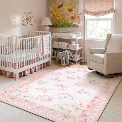 5x7 Soft Nursery Rug for Baby Girl, Light Pink Rug Non-Slip Faux Wool Rugs, Machine Washable Cute Rugs for Girls Room, Non-Shedding Floral Carpet for Bedroom Playroom