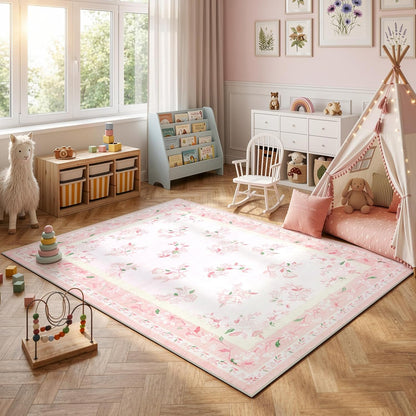 5x7 Soft Nursery Rug for Baby Girl, Light Pink Rug Non-Slip Faux Wool Rugs, Machine Washable Cute Rugs for Girls Room, Non-Shedding Floral Carpet for Bedroom Playroom