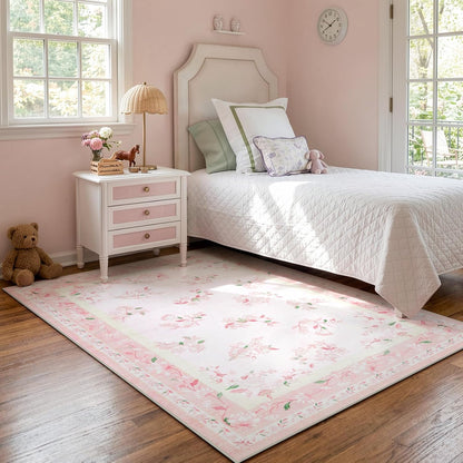 5x7 Soft Nursery Rug for Baby Girl, Light Pink Rug Non-Slip Faux Wool Rugs, Machine Washable Cute Rugs for Girls Room, Non-Shedding Floral Carpet for Bedroom Playroom