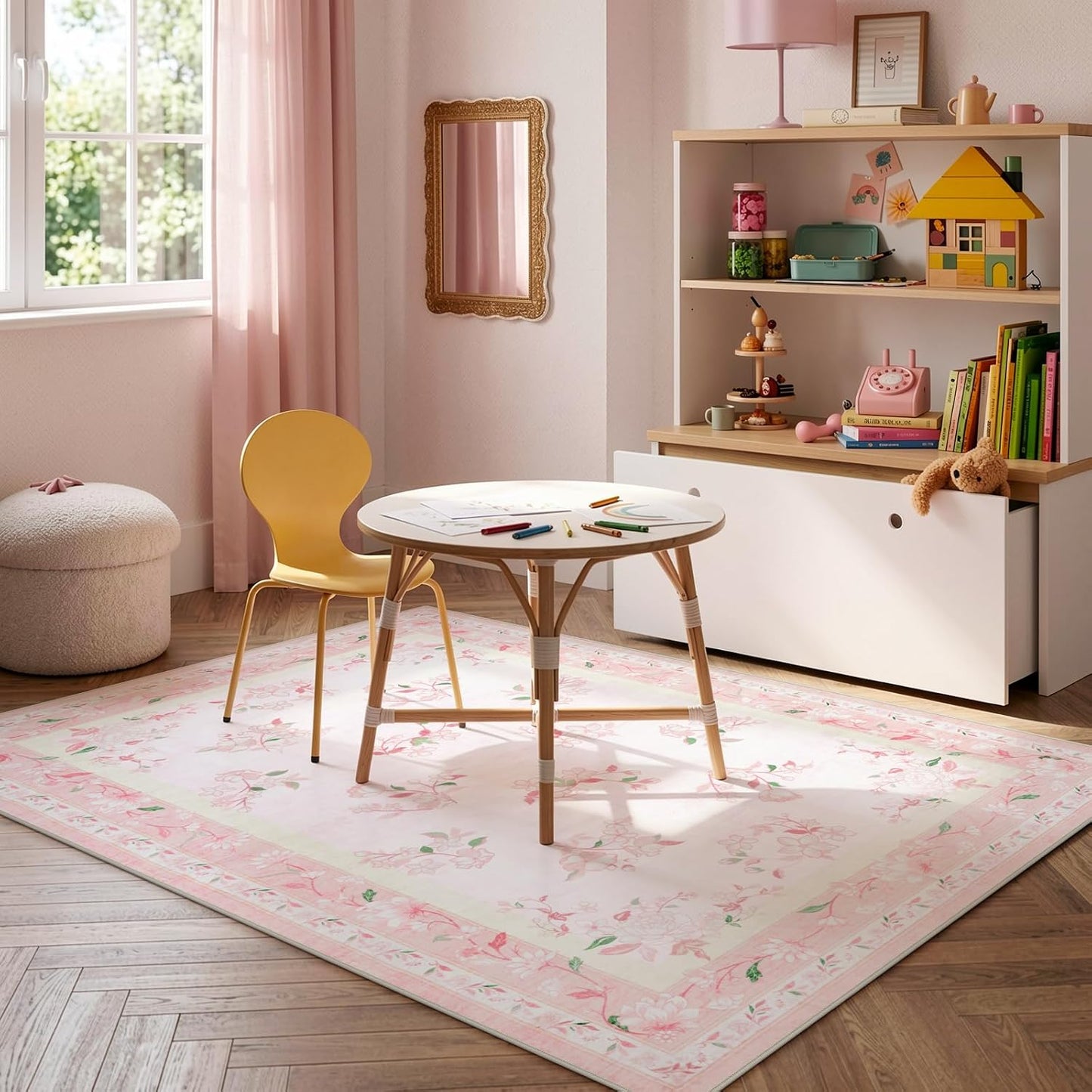 5x7 Soft Nursery Rug for Baby Girl, Light Pink Rug Non-Slip Faux Wool Rugs, Machine Washable Cute Rugs for Girls Room, Non-Shedding Floral Carpet for Bedroom Playroom