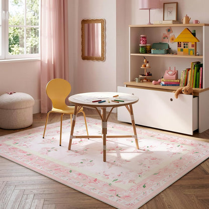 5x7 Soft Nursery Rug for Baby Girl, Light Pink Rug Non-Slip Faux Wool Rugs, Machine Washable Cute Rugs for Girls Room, Non-Shedding Floral Carpet for Bedroom Playroom