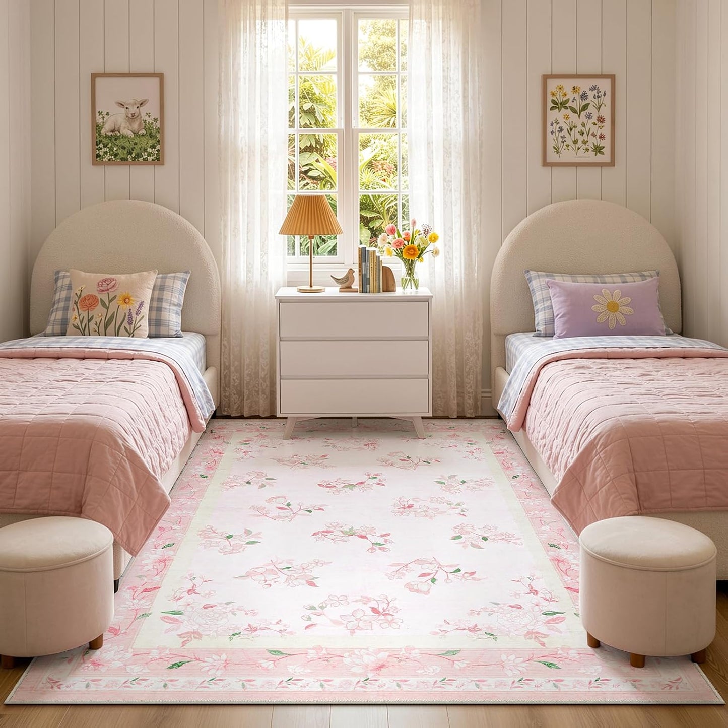 5x7 Soft Nursery Rug for Baby Girl, Light Pink Rug Non-Slip Faux Wool Rugs, Machine Washable Cute Rugs for Girls Room, Non-Shedding Floral Carpet for Bedroom Playroom