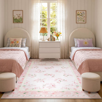 5x7 Soft Nursery Rug for Baby Girl, Light Pink Rug Non-Slip Faux Wool Rugs, Machine Washable Cute Rugs for Girls Room, Non-Shedding Floral Carpet for Bedroom Playroom