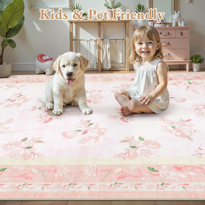 5x7 Soft Nursery Rug for Baby Girl, Light Pink Rug Non-Slip Faux Wool Rugs, Machine Washable Cute Rugs for Girls Room, Non-Shedding Floral Carpet for Bedroom Playroom