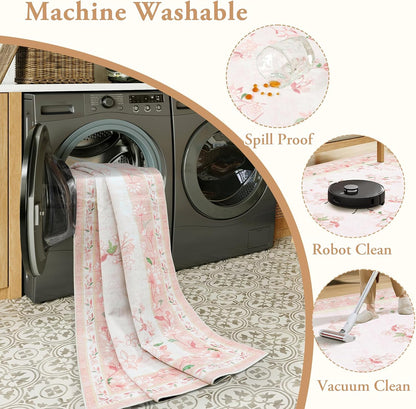 5x7 Soft Nursery Rug for Baby Girl, Light Pink Rug Non-Slip Faux Wool Rugs, Machine Washable Cute Rugs for Girls Room, Non-Shedding Floral Carpet for Bedroom Playroom