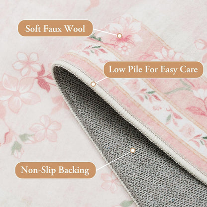 5x7 Soft Nursery Rug for Baby Girl, Light Pink Rug Non-Slip Faux Wool Rugs, Machine Washable Cute Rugs for Girls Room, Non-Shedding Floral Carpet for Bedroom Playroom