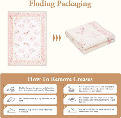 5x7 Soft Nursery Rug for Baby Girl, Light Pink Rug Non-Slip Faux Wool Rugs, Machine Washable Cute Rugs for Girls Room, Non-Shedding Floral Carpet for Bedroom Playroom