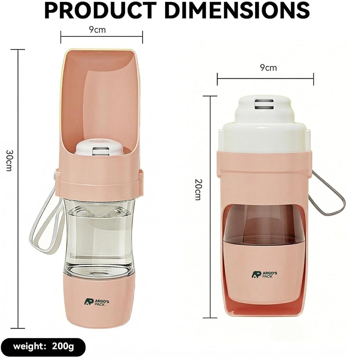 2-in-1 Portable Dog Water Bottle with Food Container, 250ml Water + 180ml Food, Foldable Bowl, Leak-Resistant Travel Dispenser for Walking & Hiking (Pink)