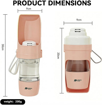 2-in-1 Portable Dog Water Bottle with Food Container, 250ml Water + 180ml Food, Foldable Bowl, Leak-Resistant Travel Dispenser for Walking & Hiking (Pink)