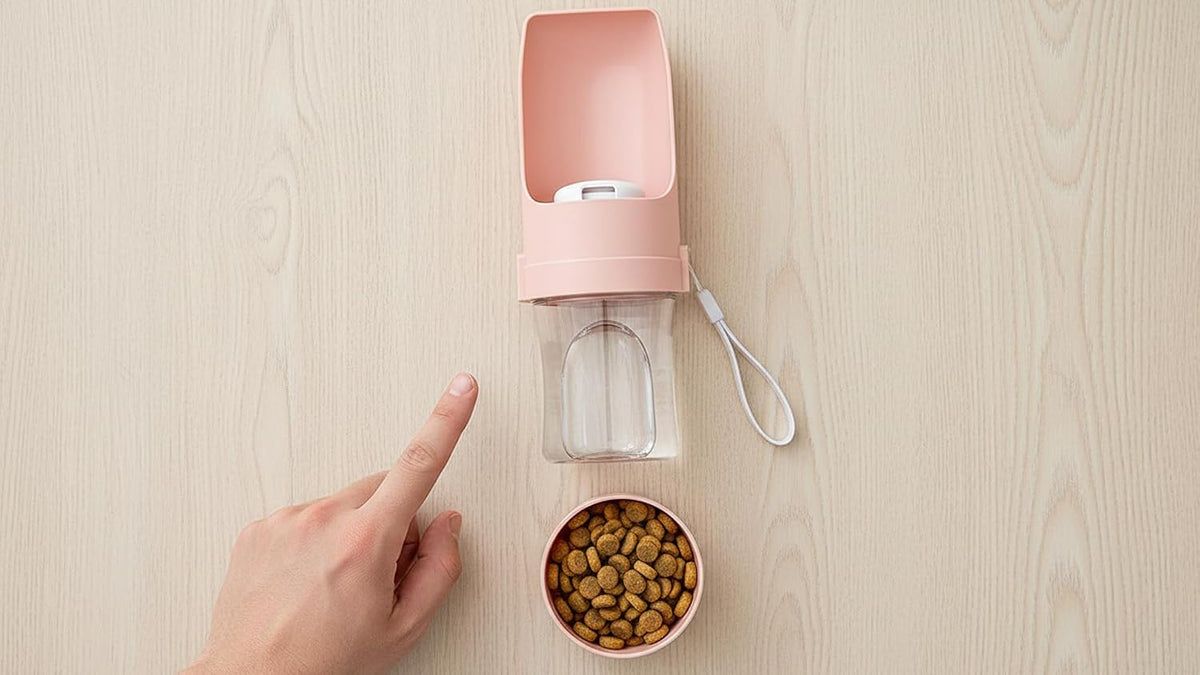 2-in-1 Portable Dog Water Bottle with Food Container, 250ml Water + 180ml Food, Foldable Bowl, Leak-Resistant Travel Dispenser for Walking & Hiking (Pink)