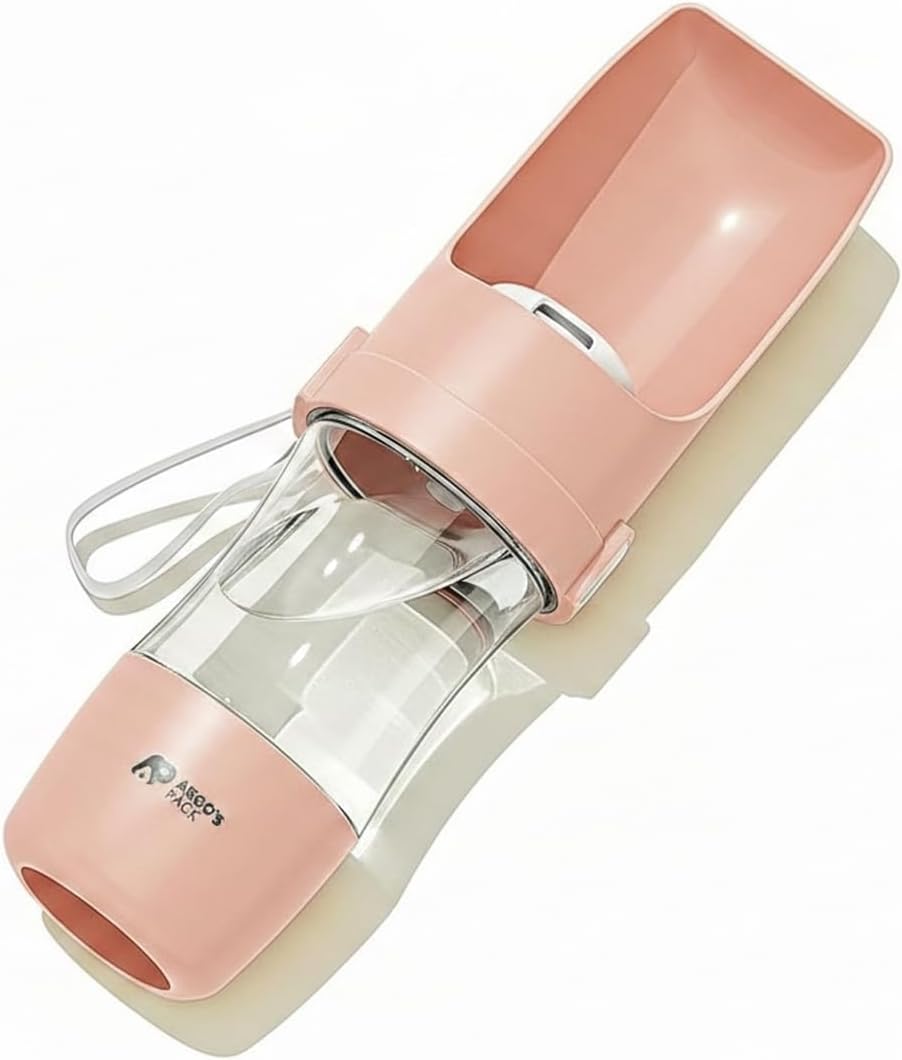 2-in-1 Portable Dog Water Bottle with Food Container, 250ml Water + 180ml Food, Foldable Bowl, Leak-Resistant Travel Dispenser for Walking & Hiking (Pink)