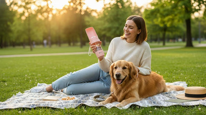 2-in-1 Portable Dog Water Bottle with Food Container, 250ml Water + 180ml Food, Foldable Bowl, Leak-Resistant Travel Dispenser for Walking & Hiking (Pink)