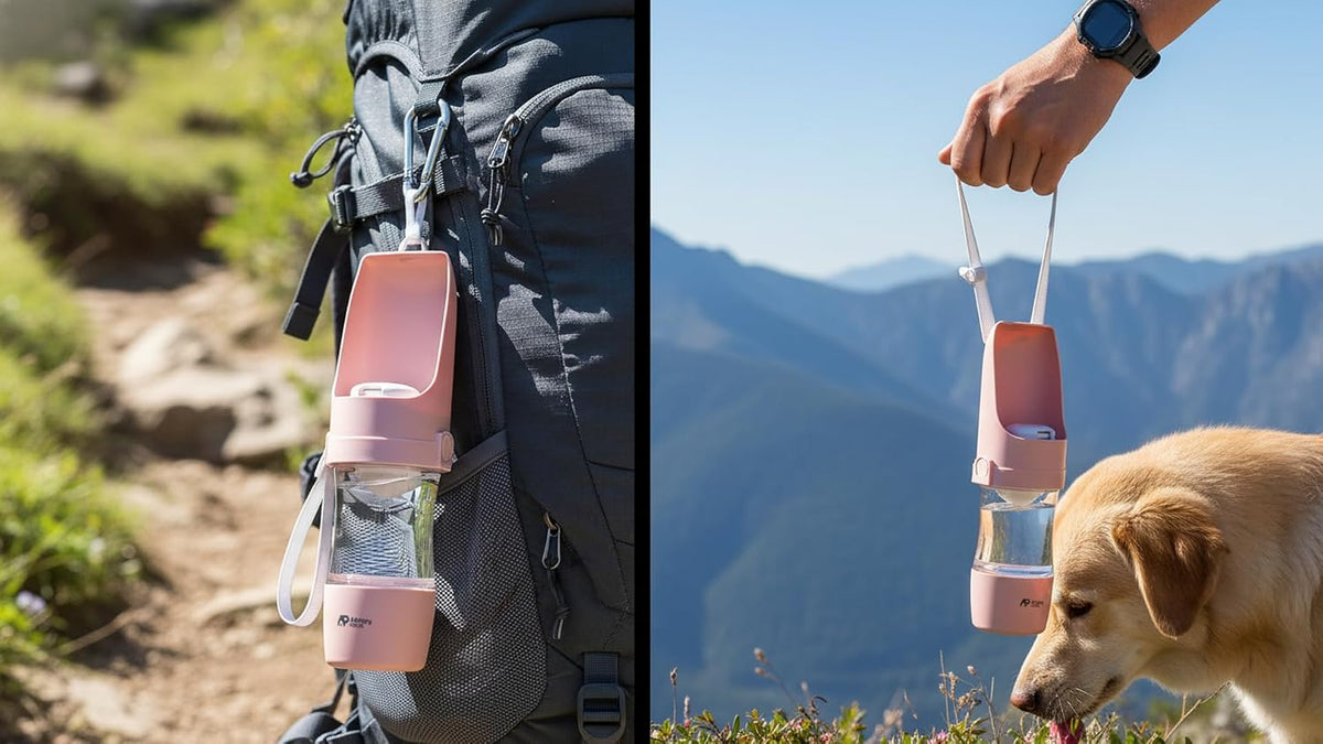 2-in-1 Portable Dog Water Bottle with Food Container, 250ml Water + 180ml Food, Foldable Bowl, Leak-Resistant Travel Dispenser for Walking & Hiking (Pink)