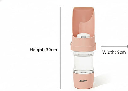2-in-1 Portable Dog Water Bottle with Food Container, 250ml Water + 180ml Food, Foldable Bowl, Leak-Resistant Travel Dispenser for Walking & Hiking (Pink)
