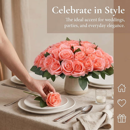52pcs Coral Peach Roses Artificial Flowers Fake Flowers Silk Roses with Stems for DIY Wedding Bouquets Bridal Shower Centerpieces Arrangements Party Decorations