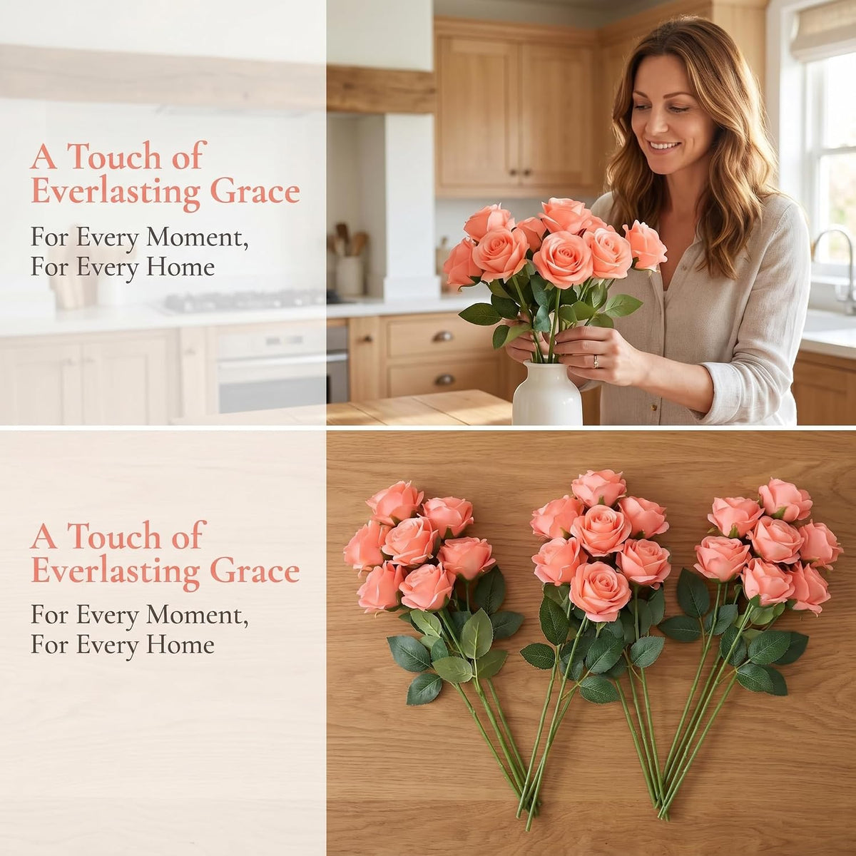 52pcs Coral Peach Roses Artificial Flowers Fake Flowers Silk Roses with Stems for DIY Wedding Bouquets Bridal Shower Centerpieces Arrangements Party Decorations