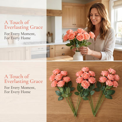 52pcs Coral Peach Roses Artificial Flowers Fake Flowers Silk Roses with Stems for DIY Wedding Bouquets Bridal Shower Centerpieces Arrangements Party Decorations