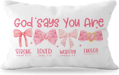 Pink Bow Coquette Christian Pillow Covers 12x20, Pink Coquette Room Decor, Girly Bedroom Decor, God Says You are Affirmation Bible Verse Pillow Covers, Christian Gifts for Women Teen Girls