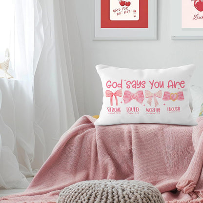 Pink Bow Coquette Christian Pillow Covers 12x20, Pink Coquette Room Decor, Girly Bedroom Decor, God Says You are Affirmation Bible Verse Pillow Covers, Christian Gifts for Women Teen Girls