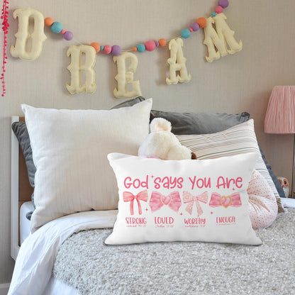 Pink Bow Coquette Christian Pillow Covers 12x20, Pink Coquette Room Decor, Girly Bedroom Decor, God Says You are Affirmation Bible Verse Pillow Covers, Christian Gifts for Women Teen Girls