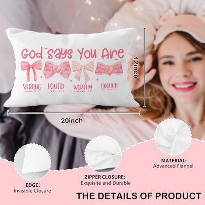 Pink Bow Coquette Christian Pillow Covers 12x20, Pink Coquette Room Decor, Girly Bedroom Decor, God Says You are Affirmation Bible Verse Pillow Covers, Christian Gifts for Women Teen Girls