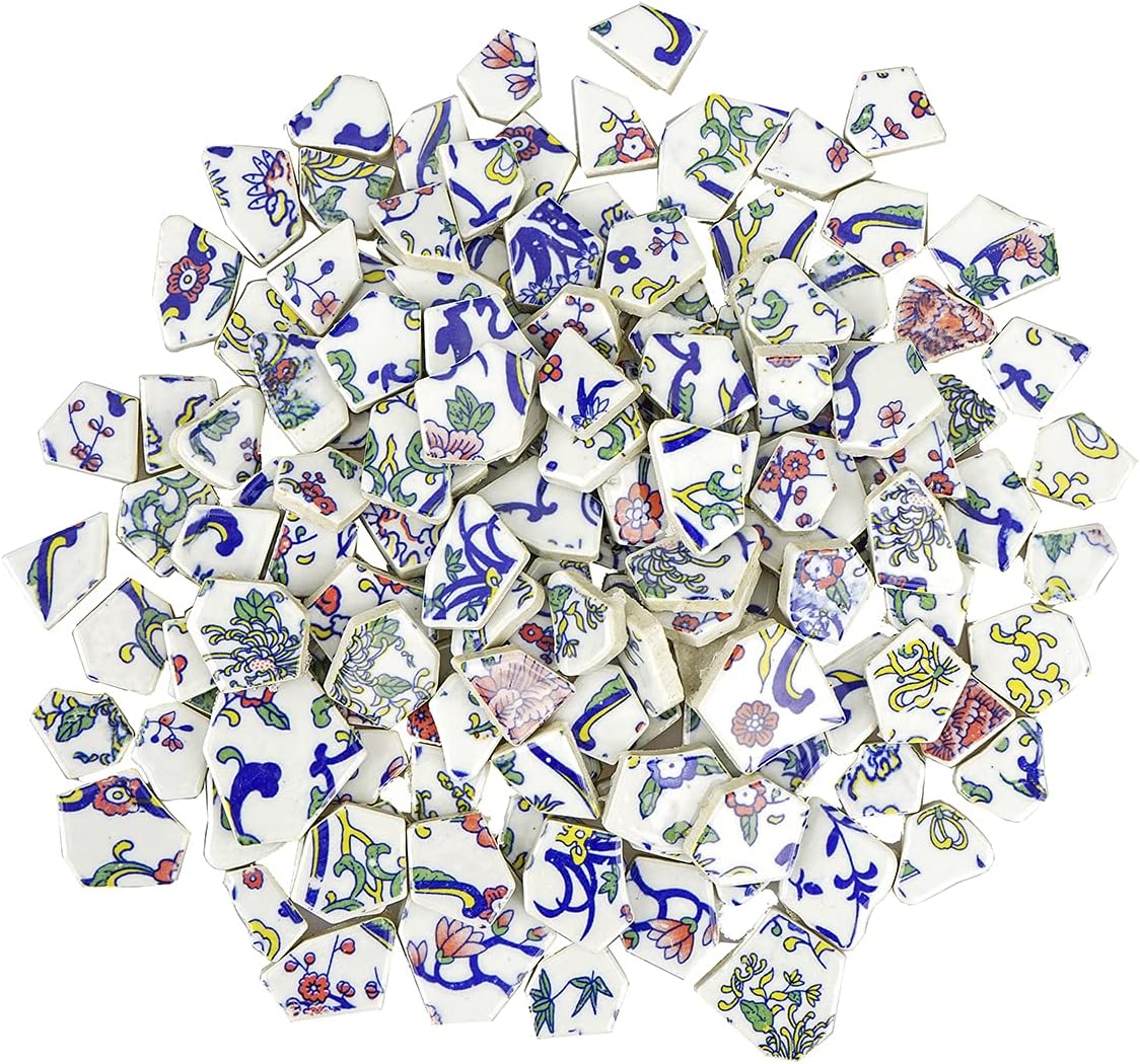 Lanyani Broken Ceramic Tile for Mosaic Crafts Floral Blue and White Porcelain China Tiles,11x11 inch, Pink