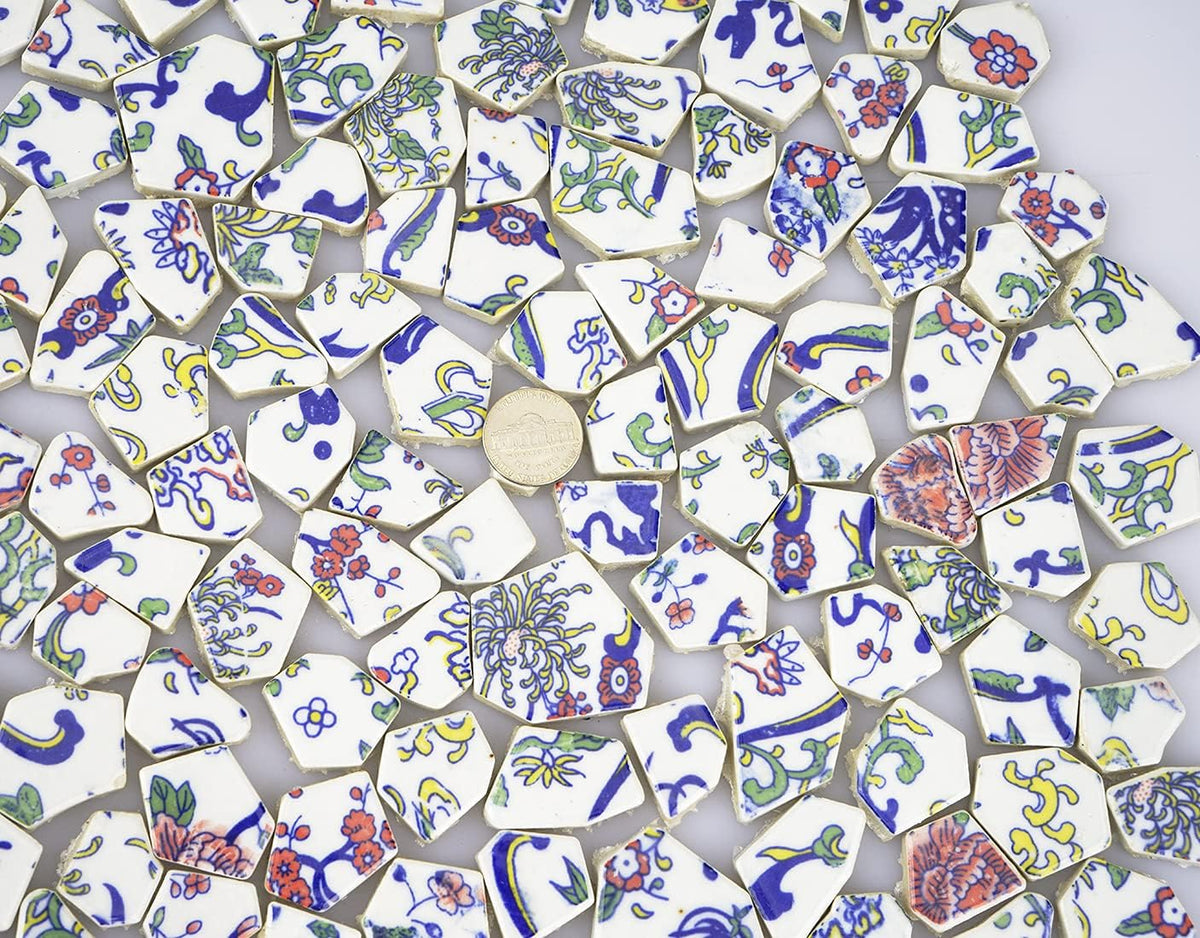 Lanyani Broken Ceramic Tile for Mosaic Crafts Floral Blue and White Porcelain China Tiles,11x11 inch, Pink