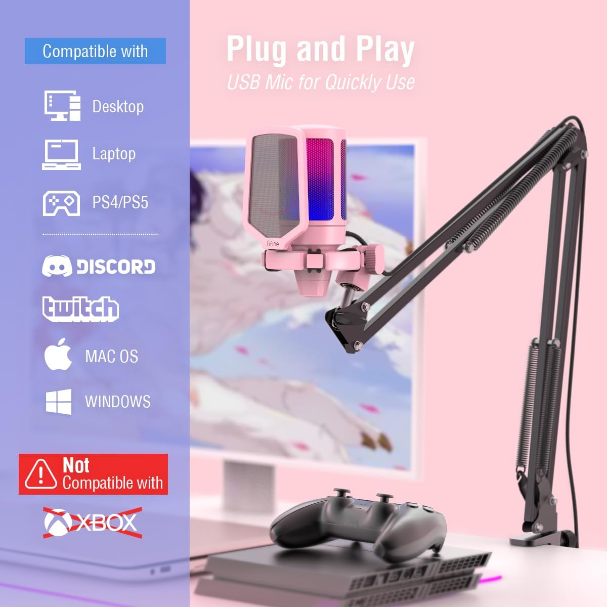A6T Pink Gaming USB Condenser Microphone Kit for Podcast Streaming