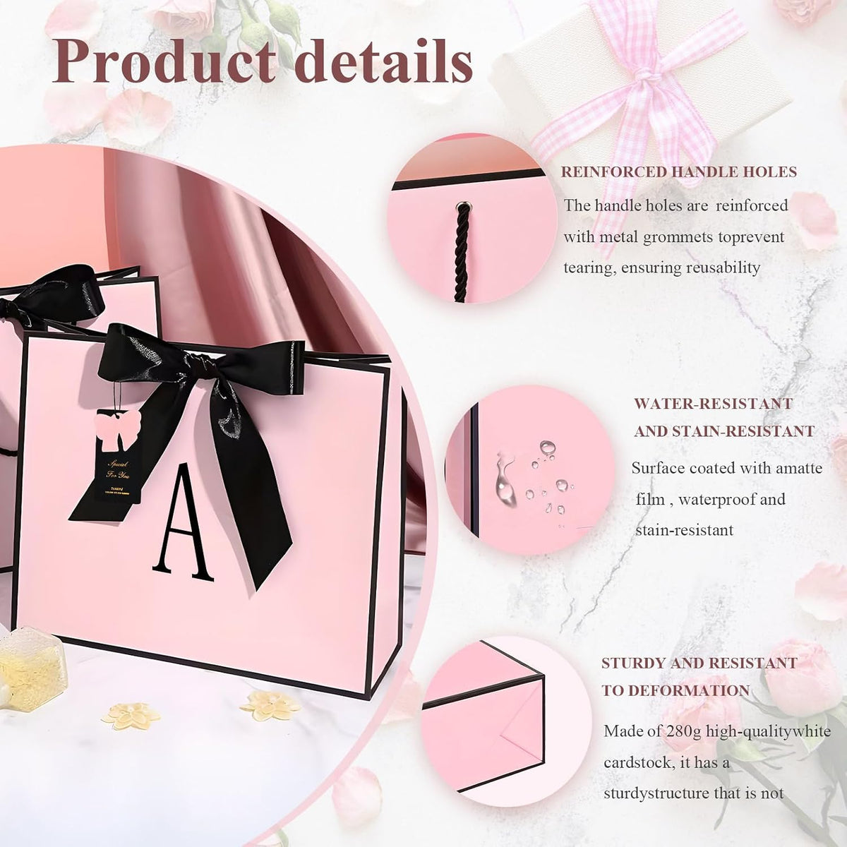 Birthday Gift Bag, Personalized Initial Pink Gift Bags for Women & Girls, Medium Valentines Gift Paper Bags with Card and Tissue Paper, Stands up perfectly for Weddings, Party & All Holidays (Pink, A-Medium)