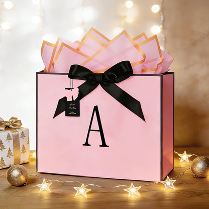 Birthday Gift Bag, Personalized Initial Pink Gift Bags for Women & Girls, Medium Valentines Gift Paper Bags with Card and Tissue Paper, Stands up perfectly for Weddings, Party & All Holidays (Pink, A-Medium)