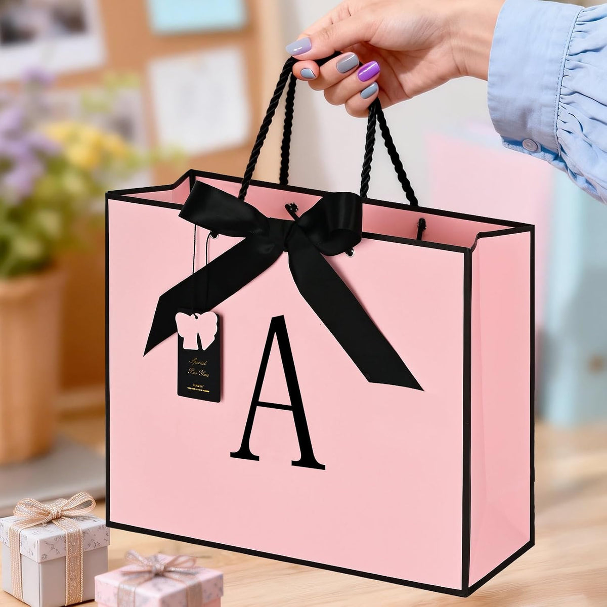 Birthday Gift Bag, Personalized Initial Pink Gift Bags for Women & Girls, Medium Valentines Gift Paper Bags with Card and Tissue Paper, Stands up perfectly for Weddings, Party & All Holidays (Pink, A-Medium)