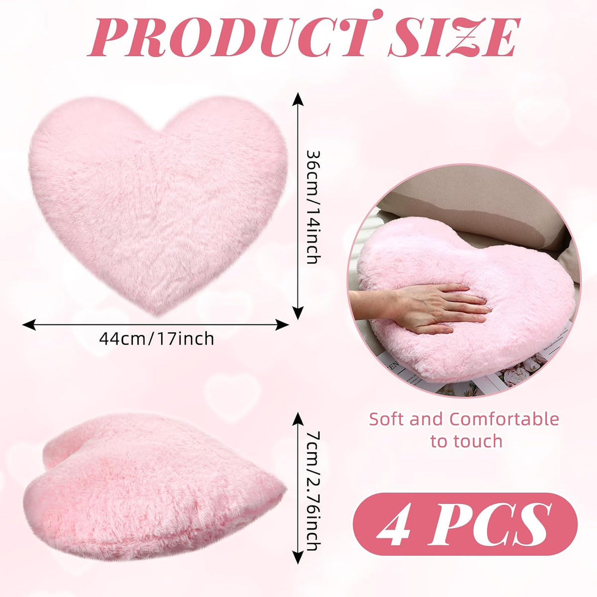 4 Pcs Heart Shaped Throw Pillows Fluffy Plush Decor,Pink