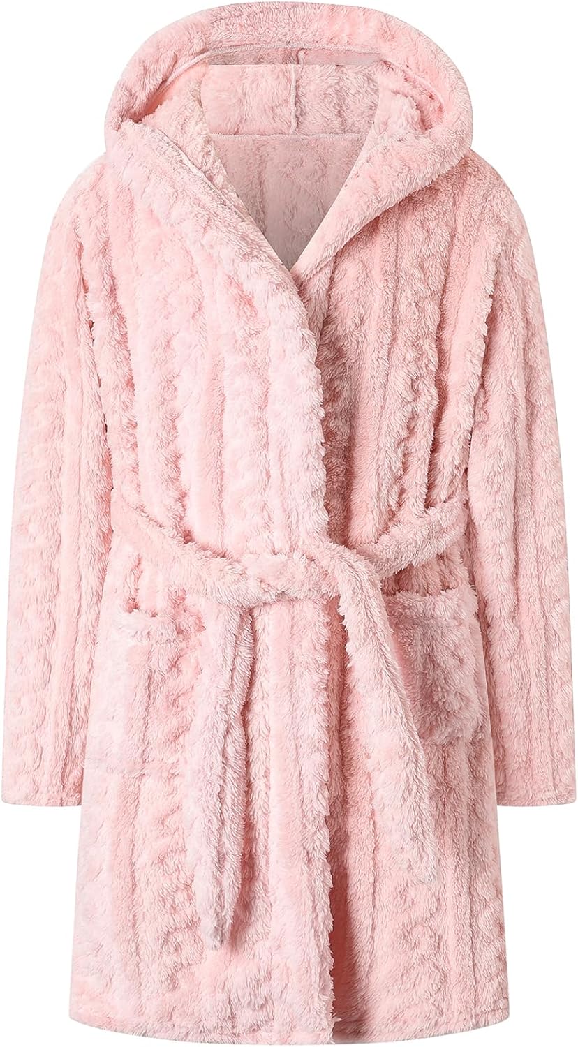 Girls & Womens Twist Fleece Robes, Hooded Soft Warm Bath Robe for Kids Womens Fuzzy Bathrobe for Gifts