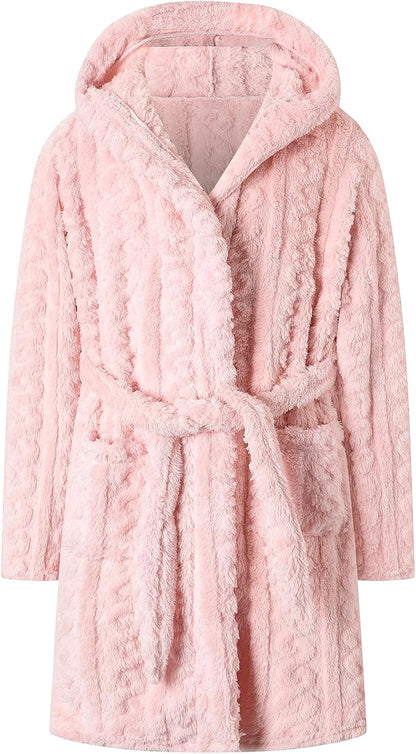 Girls & Womens Twist Fleece Robes, Hooded Soft Warm Bath Robe for Kids Womens Fuzzy Bathrobe for Gifts