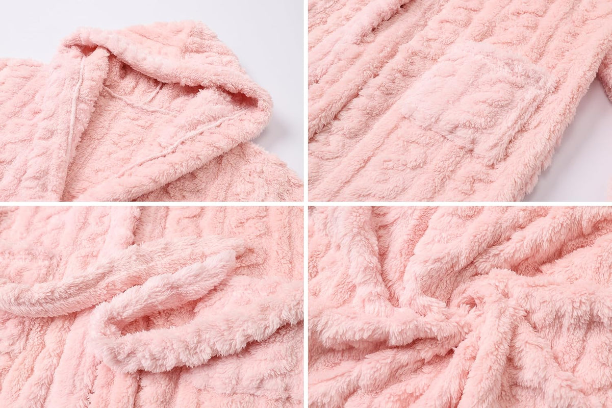 Girls & Womens Twist Fleece Robes, Hooded Soft Warm Bath Robe for Kids Womens Fuzzy Bathrobe for Gifts