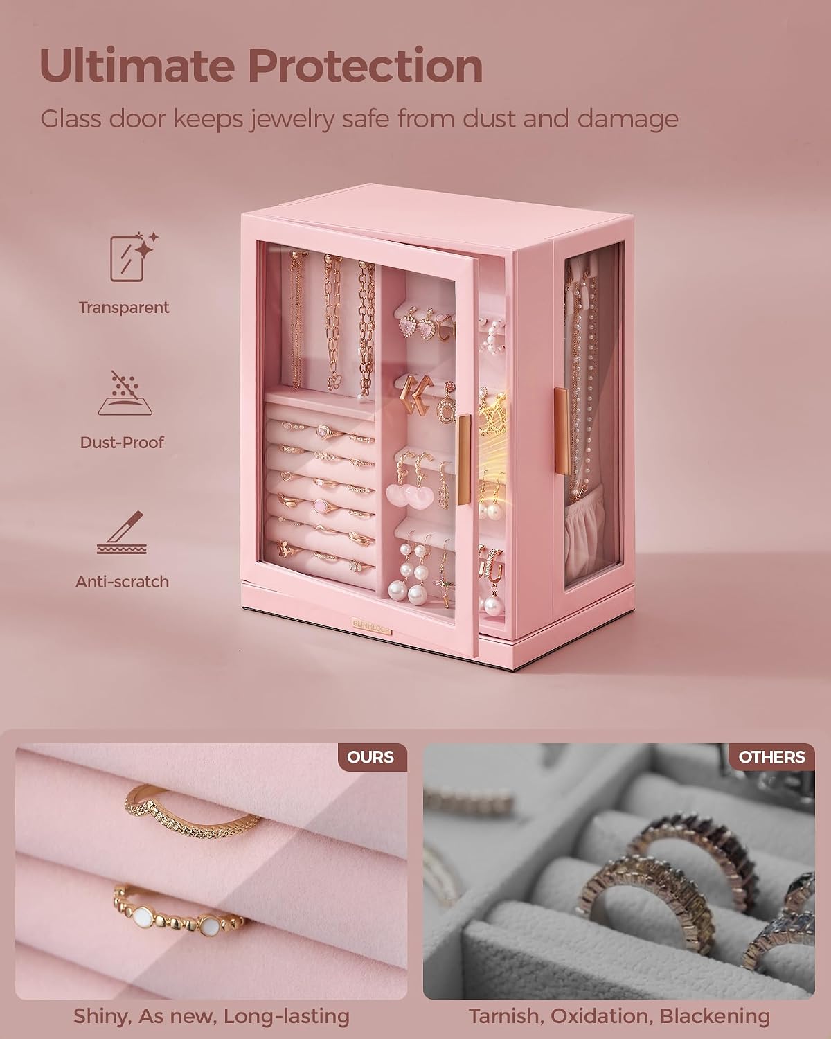 360° Rotating Jewelry Box with 5 Drawers, Spacious Vertical Jewelry Organizer with Glass Window, Jewelry Storage Case, Dustproof & Moisture-resistant Design, Pink