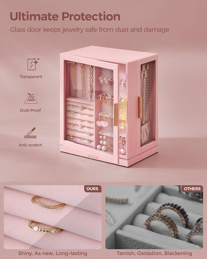 360° Rotating Jewelry Box with 5 Drawers, Spacious Vertical Jewelry Organizer with Glass Window, Jewelry Storage Case, Dustproof & Moisture-resistant Design, Pink
