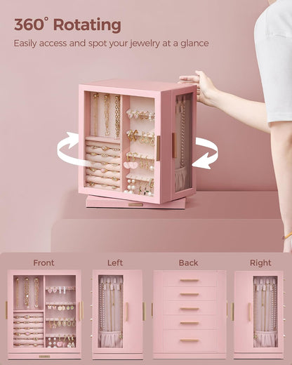 360° Rotating Jewelry Box with 5 Drawers, Spacious Vertical Jewelry Organizer with Glass Window, Jewelry Storage Case, Dustproof & Moisture-resistant Design, Pink