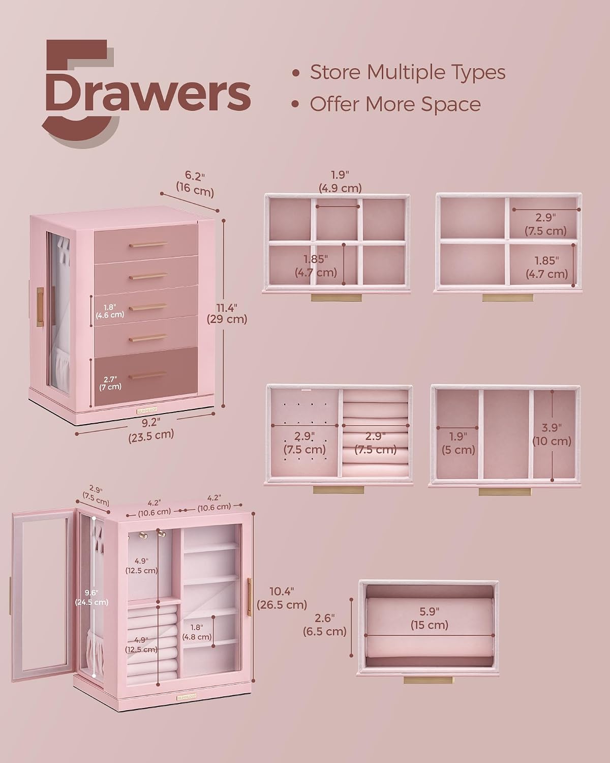 360° Rotating Jewelry Box with 5 Drawers, Spacious Vertical Jewelry Organizer with Glass Window, Jewelry Storage Case, Dustproof & Moisture-resistant Design, Pink