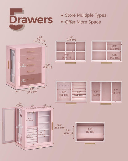 360° Rotating Jewelry Box with 5 Drawers, Spacious Vertical Jewelry Organizer with Glass Window, Jewelry Storage Case, Dustproof & Moisture-resistant Design, Pink
