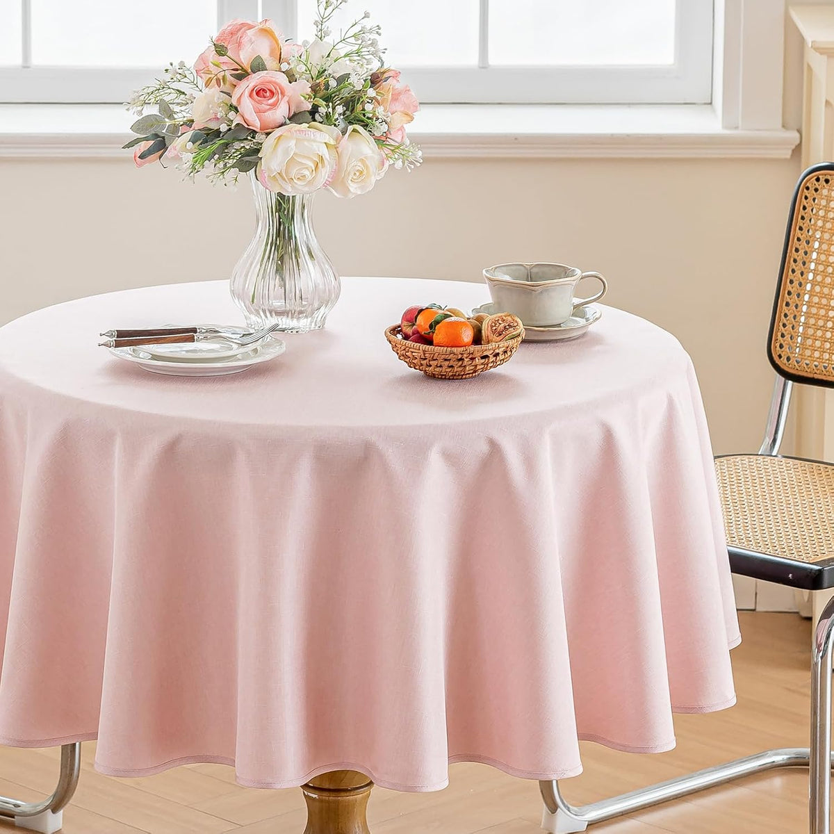 Pink Round Tablecloths 60 inch, Linen Textured Table Cloth Waterproof Circle Tablecloth Wrinkle Free Fabric Farmhouse Table Cover for Dining Parties Outdoor Holidays