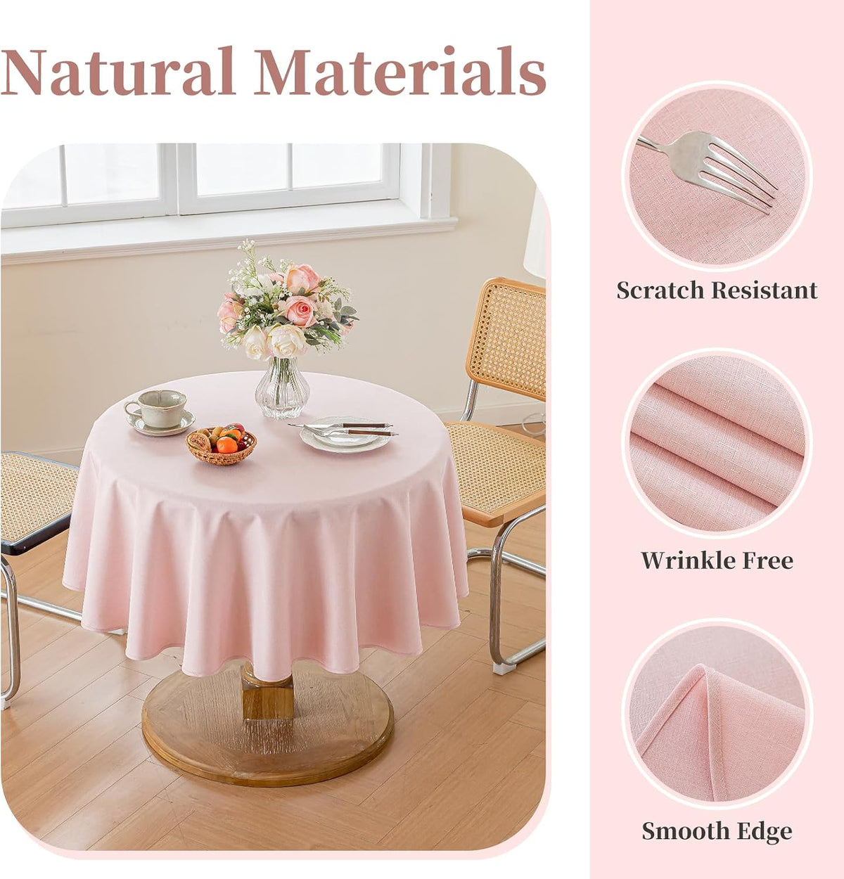 Pink Round Tablecloths 60 inch, Linen Textured Table Cloth Waterproof Circle Tablecloth Wrinkle Free Fabric Farmhouse Table Cover for Dining Parties Outdoor Holidays