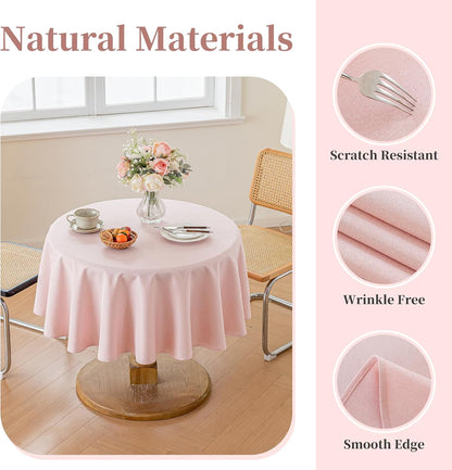 Pink Round Tablecloths 60 inch, Linen Textured Table Cloth Waterproof Circle Tablecloth Wrinkle Free Fabric Farmhouse Table Cover for Dining Parties Outdoor Holidays