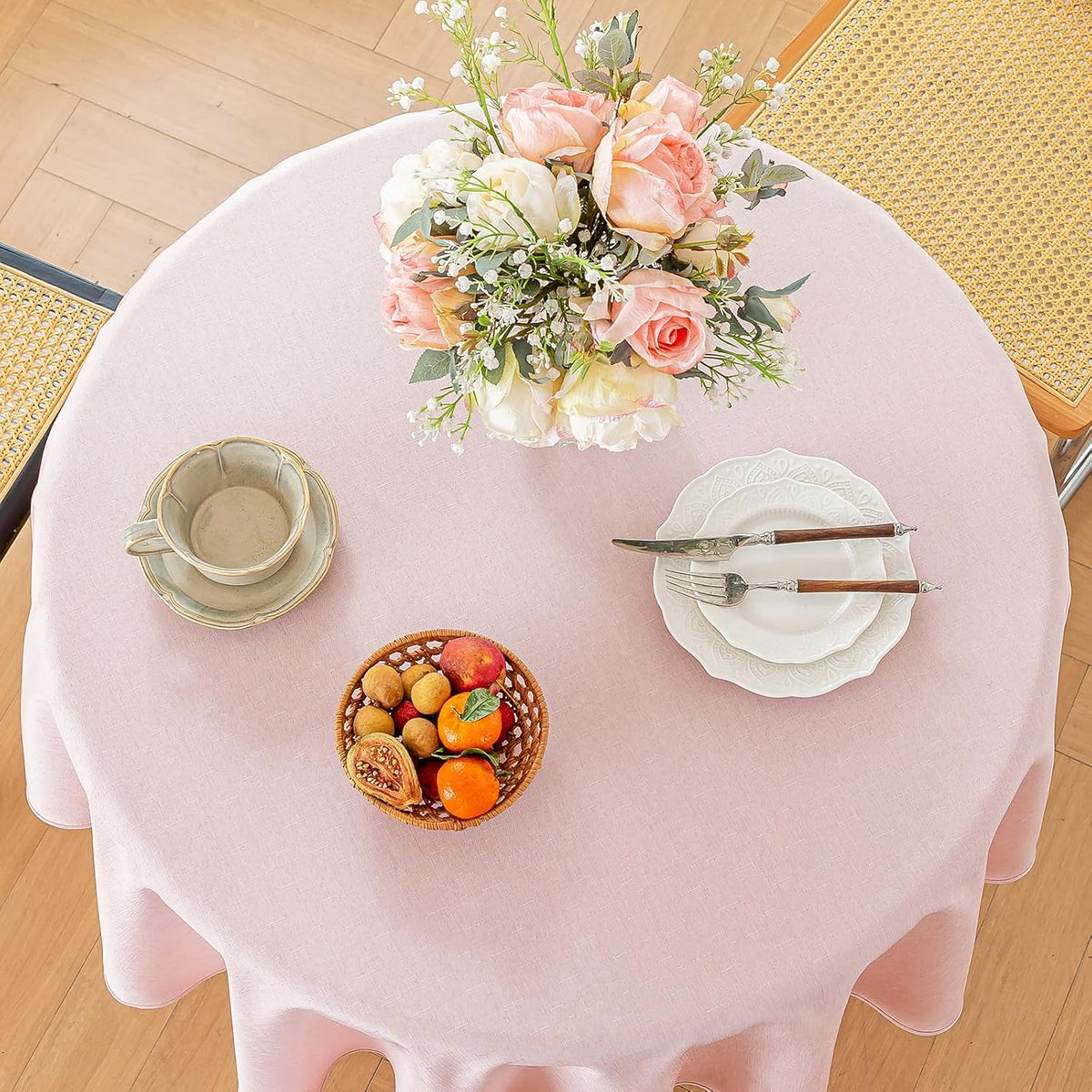 Pink Round Tablecloths 60 inch, Linen Textured Table Cloth Waterproof Circle Tablecloth Wrinkle Free Fabric Farmhouse Table Cover for Dining Parties Outdoor Holidays