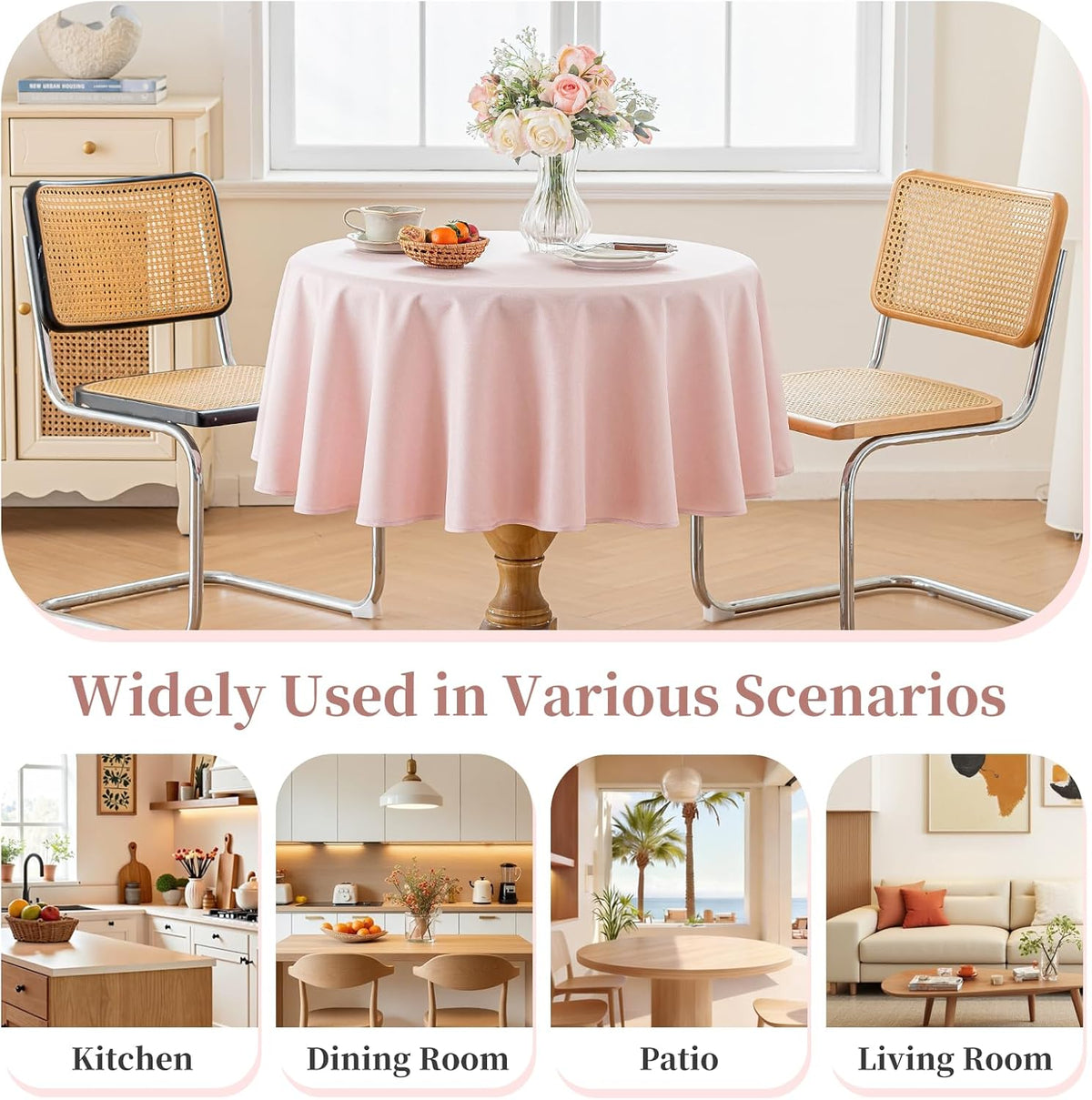 Pink Round Tablecloths 60 inch, Linen Textured Table Cloth Waterproof Circle Tablecloth Wrinkle Free Fabric Farmhouse Table Cover for Dining Parties Outdoor Holidays