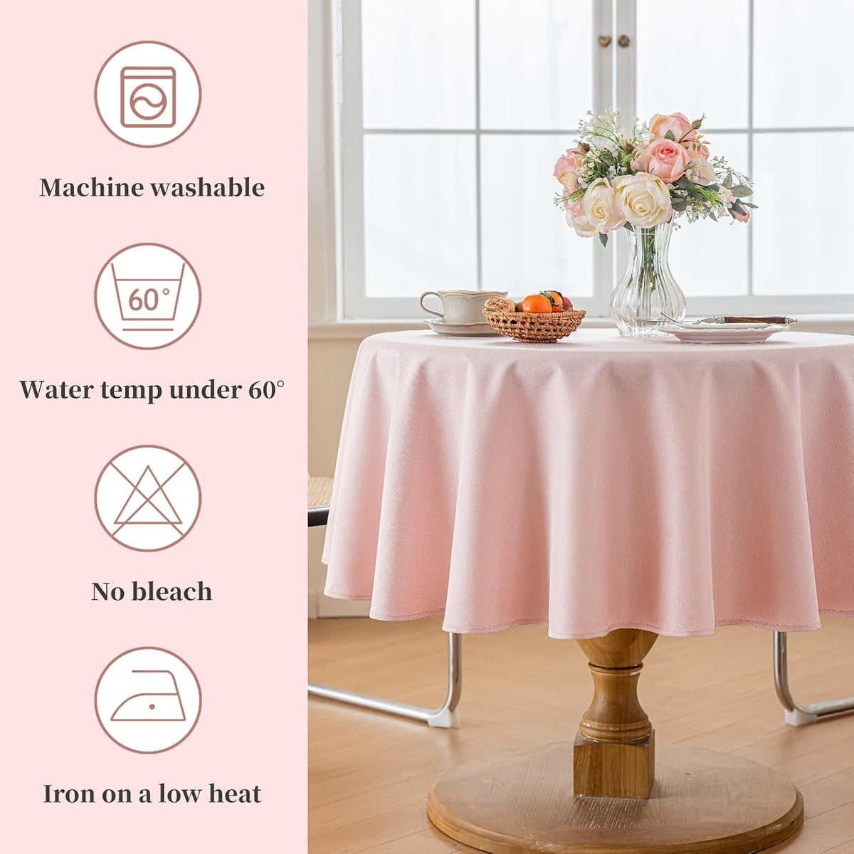 Pink Round Tablecloths 60 inch, Linen Textured Table Cloth Waterproof Circle Tablecloth Wrinkle Free Fabric Farmhouse Table Cover for Dining Parties Outdoor Holidays