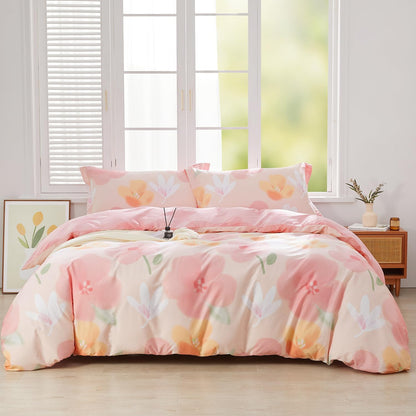 Pink Floral Duvet Cover Set Full Size Blossom Flower Printed Bedding Comforter Cover Set 100% Cotton 1 Duvet Cover 90"x80" 2 Pillow Shams, Comforter Not Included